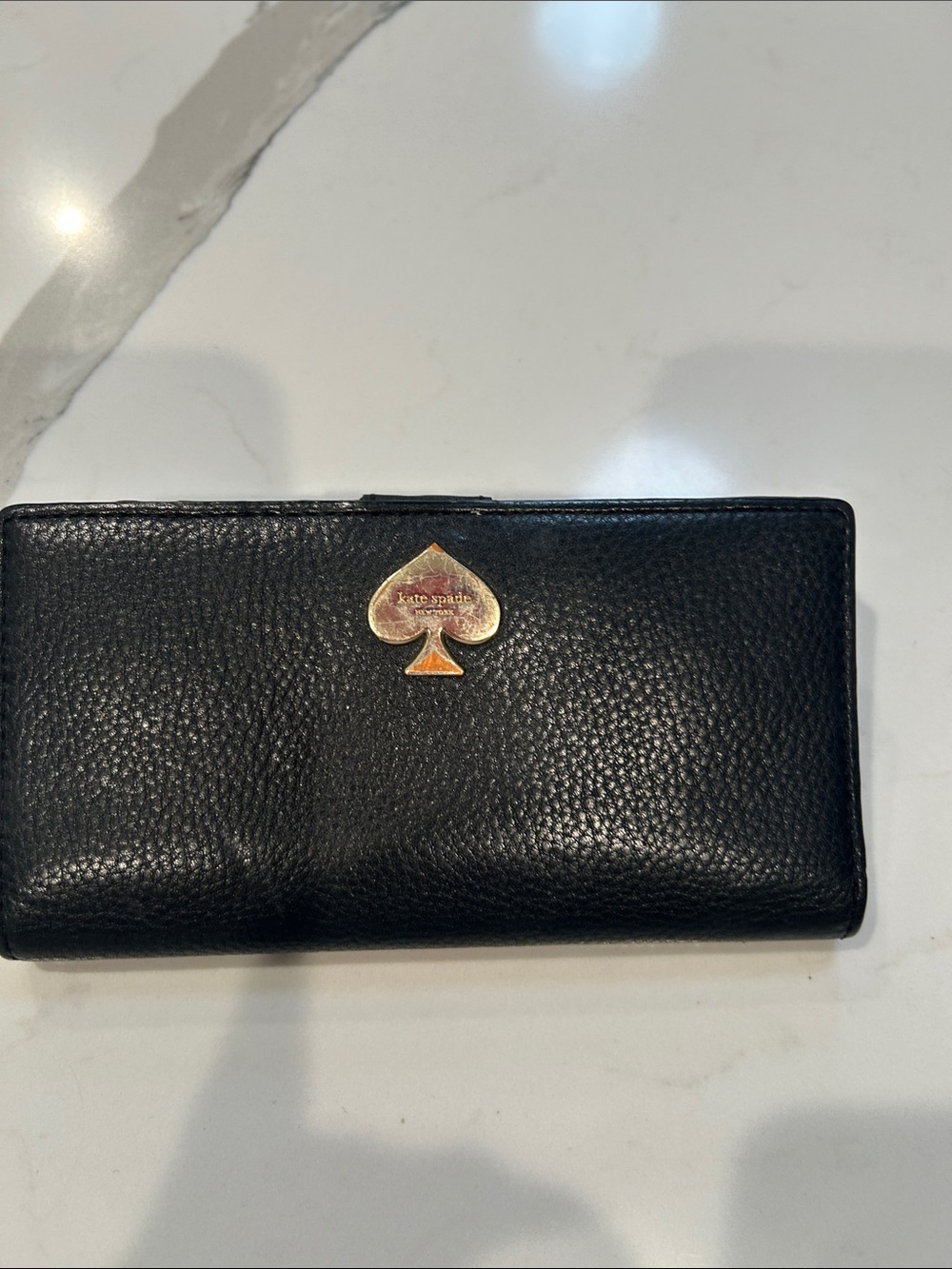 Kate Spade Black Pebbled Leather Continental Wallet with Gold Spade Logo